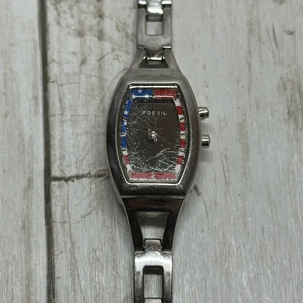 Fossil‎ BIG TIC ES9744 American Flag LED Dial Silver Tone Watch SCRATCHES